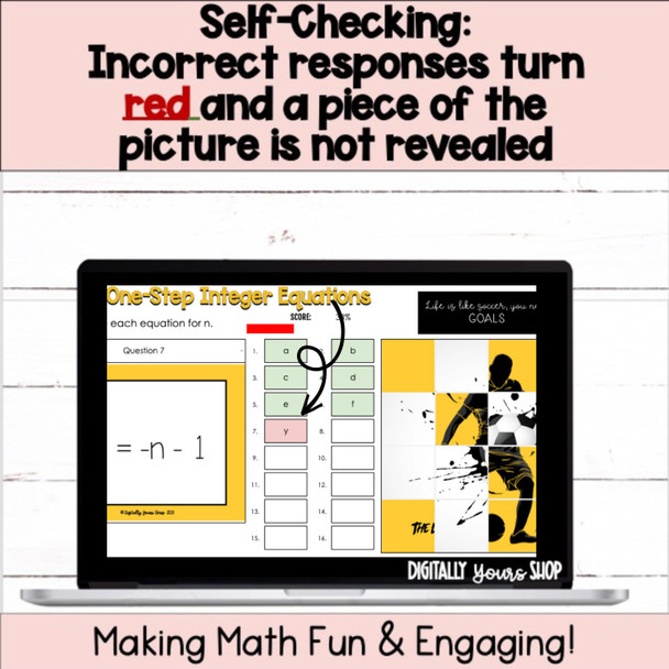 7th Grade Math Solve One-Step Integer Equations Self-Checking Digital Resource