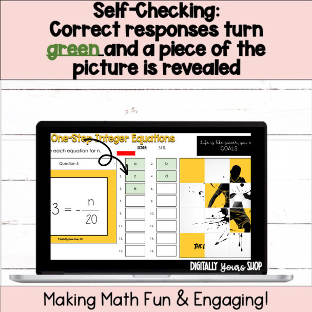 7th Grade Math Solve One-Step Integer Equations Self-Checking Digital Resource