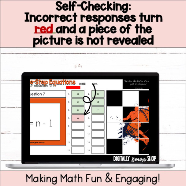 6th Grade Solve One-Step Equations Self-Checking Digital Resource Activity