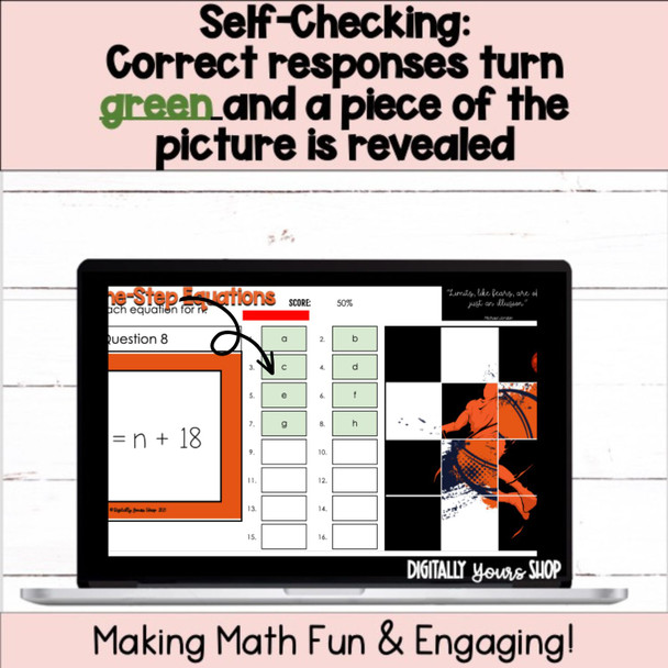 6th Grade Solve One-Step Equations Self-Checking Digital Resource Activity