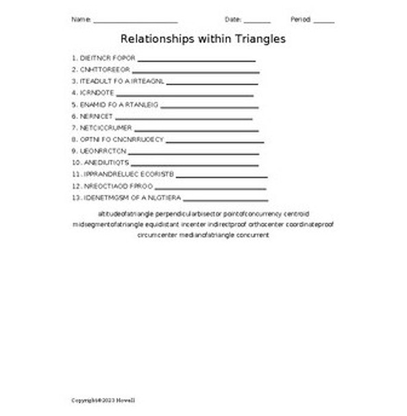 Relationships within Triangles in Geometry Vocabulary Word Scramble