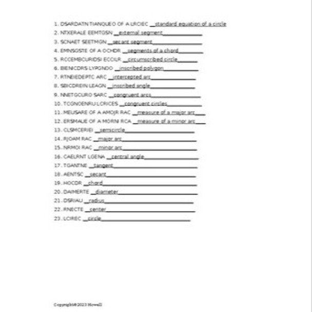 Properties of Circles in Geometry Vocabulary Word Scramble