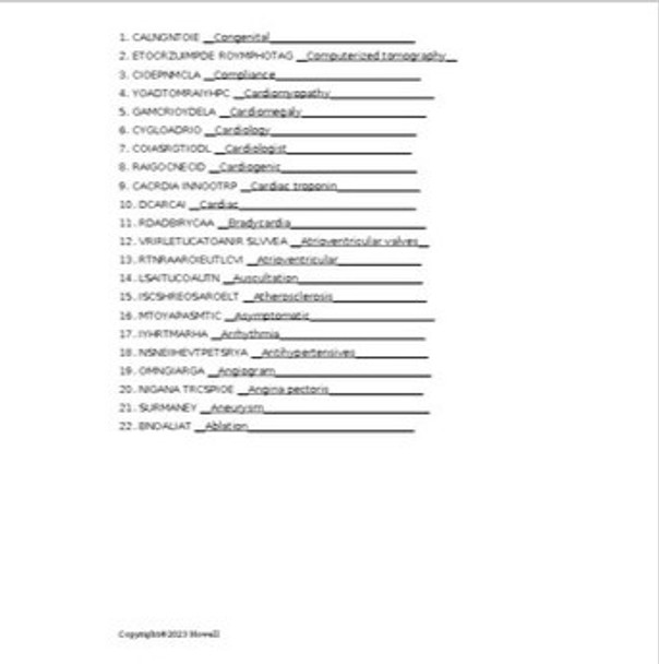 Cardiovascular System Vocabulary I Word Scramble for Medical Terminology