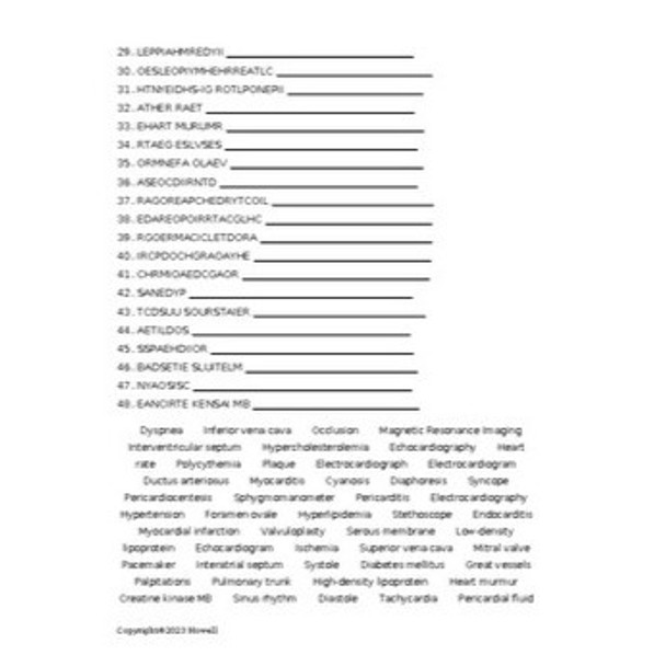 Cardiovascular System Vocabulary II Word Scramble for Medical Terminology