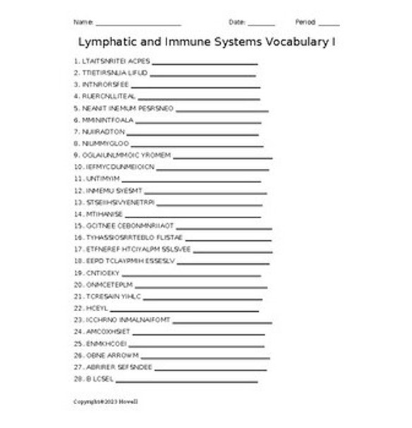 Lymphatic and Immune Systems I Word Scramble for a Medical Terminology Course