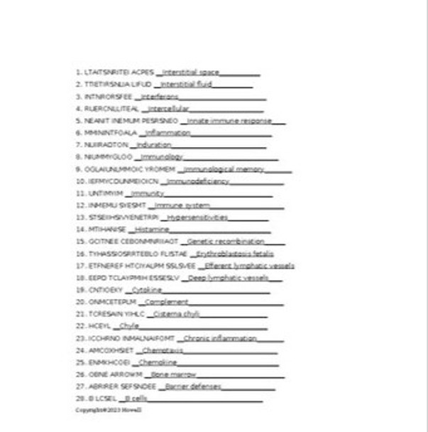 Lymphatic and Immune Systems I Word Scramble for a Medical Terminology Course
