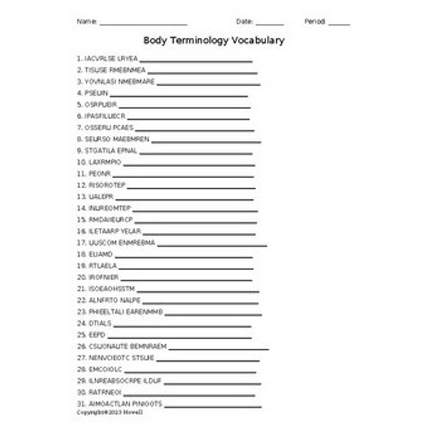 Body Terminology Word Scramble for a Medical Terminology Course