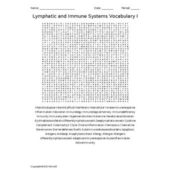 Lymphatic and Immune Systems I Word Search for a Medical Terminology Course