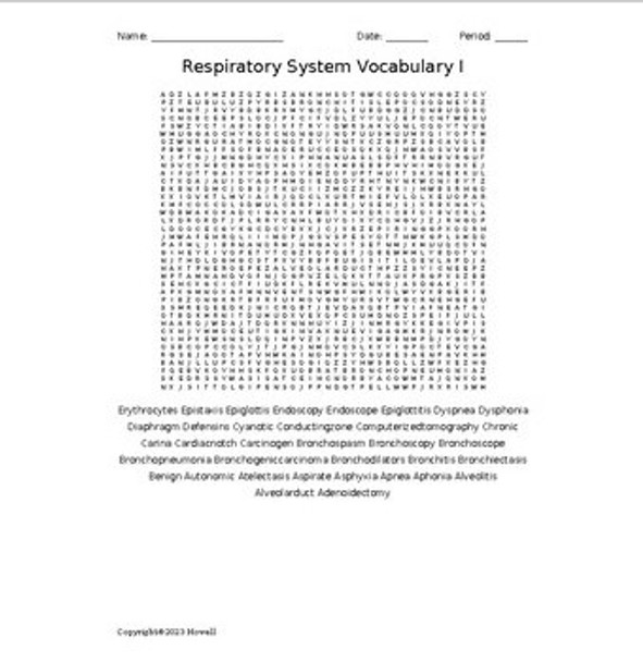 Respiratory System I Word Search for a Medical Terminology Course