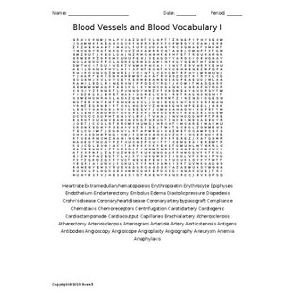 Blood Vessels and Blood Vocabulary I Word Search for Medical Terminology