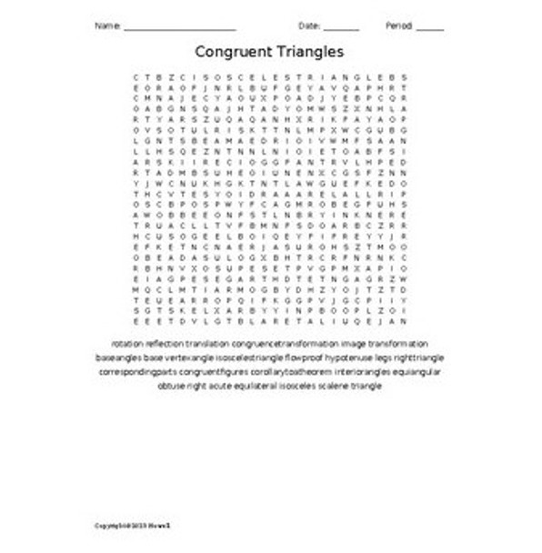 Congruent Triangles in Geometry Vocabulary Word Search