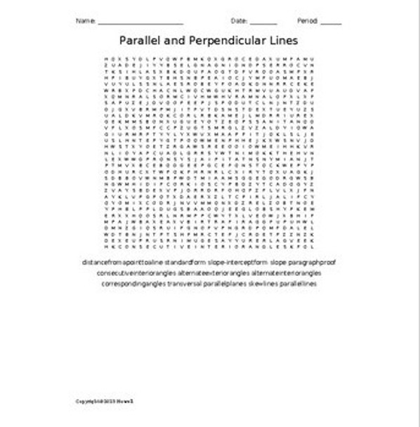 Parallel and Perpendicular Lines in Geometry Vocabulary Word Search