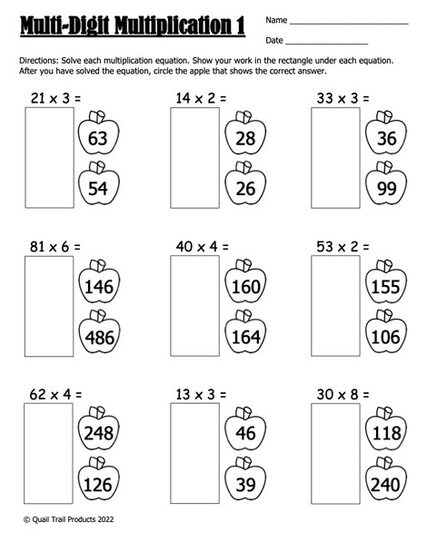 Multi-Digit Multiplication Worksheets - Apple Theme