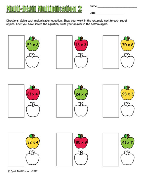 Multi-Digit Multiplication Worksheets - Apple Theme