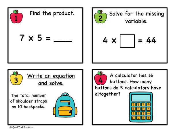 2-Digit Multiplication Task Cards - School Theme