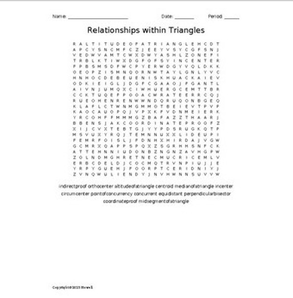 The Relationships within Triangles in Geometry Vocabulary Word Search