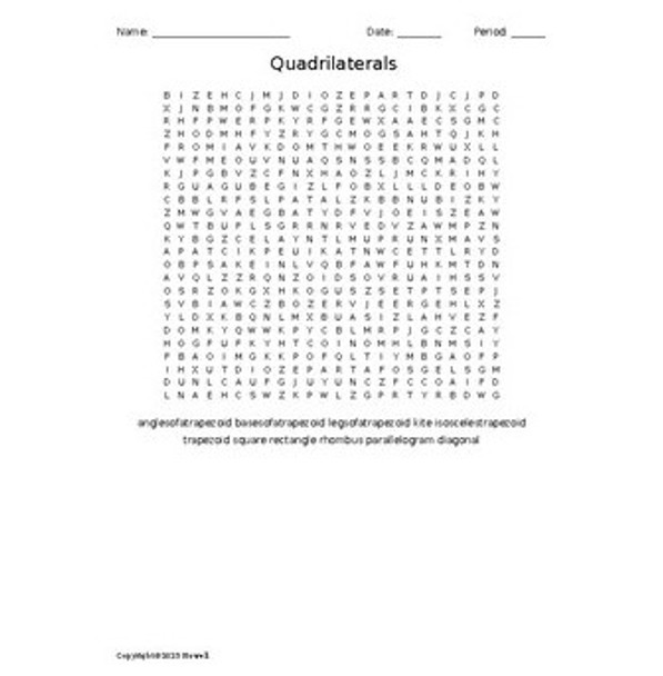 Quadrilaterals in Geometry Vocabulary Word Search