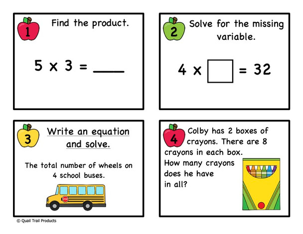 Single-Digit Multiplication Task Cards - School Theme