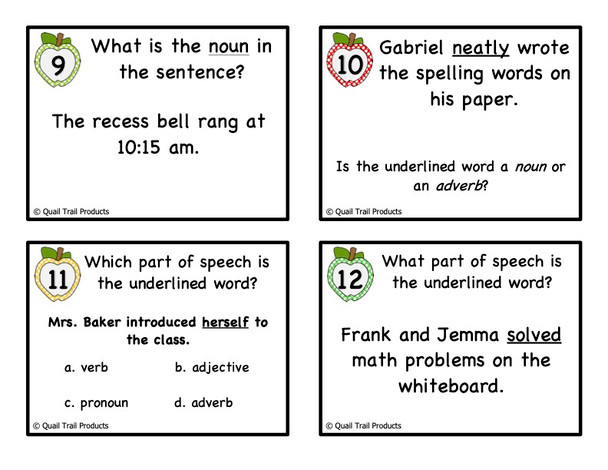 Parts of Speech Task Cards - School Theme