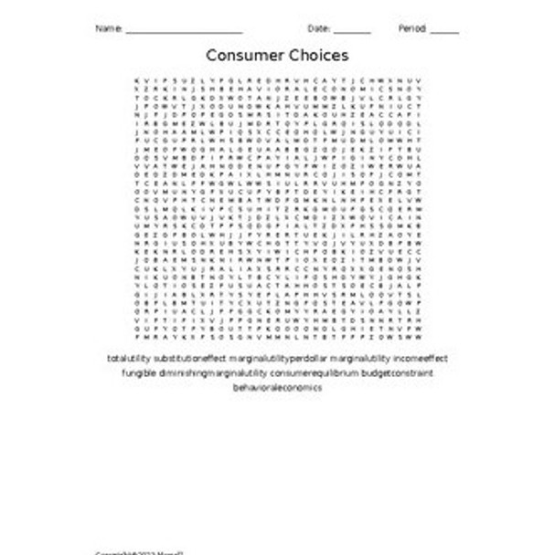 Consumer Choices Vocabulary Word Search