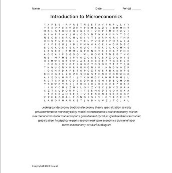 Introduction to Microeconomics Vocabulary Word Search