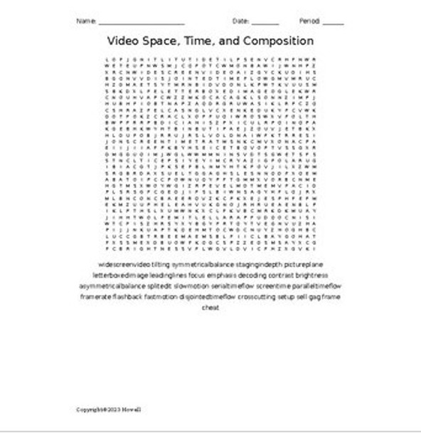 Video Space, Time, and Composition Vocabulary Word Search