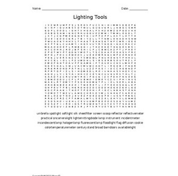 Lighting Tools Vocabulary Word Search