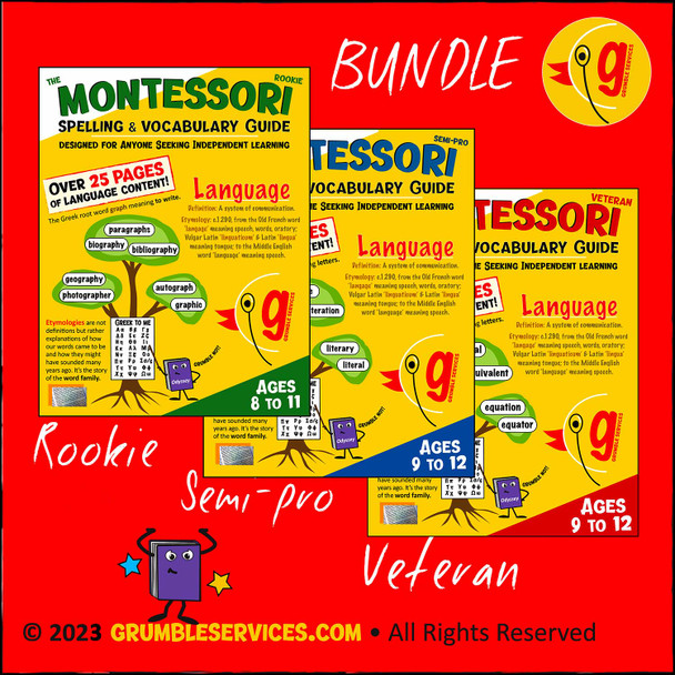 Montessori Spelling & Vocabulary BUNDLE: Spelling Activities & Practice Sheets - ROOKIE, SEMI-PRO & VETERAN Workbook Editions! Elementary, Montessori-inspired, Etymology-based WORD STUDY (75 pages + Key)