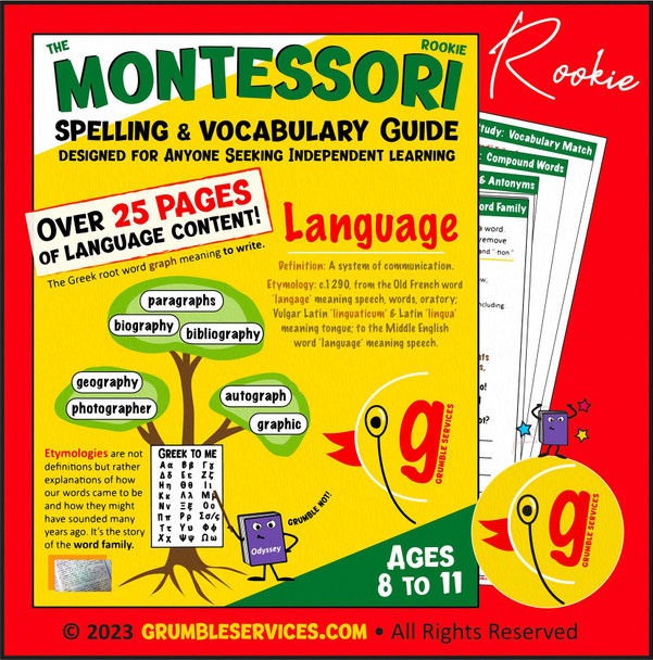 Montessori Spelling & Vocabulary BUNDLE: Spelling Activities & Practice Sheets - ROOKIE, SEMI-PRO & VETERAN Workbook Editions! Elementary, Montessori-inspired, Etymology-based WORD STUDY (75 pages + Key)