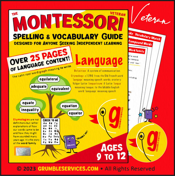 Montessori Spelling & Vocabulary BUNDLE: Spelling Activities & Practice Sheets - ROOKIE, SEMI-PRO & VETERAN Workbook Editions! Elementary, Montessori-inspired, Etymology-based WORD STUDY (75 pages + Key)