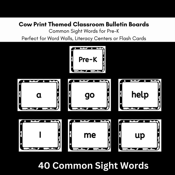 Cow Print Word Wall Display - Pre-K through 3rd Grade + Nouns, Verbs Sight Words | Classroom Decor