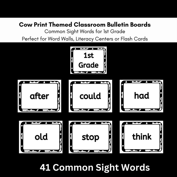 Cow Print Word Wall Display - Pre-K through 3rd Grade + Nouns, Verbs Sight Words | Classroom Decor