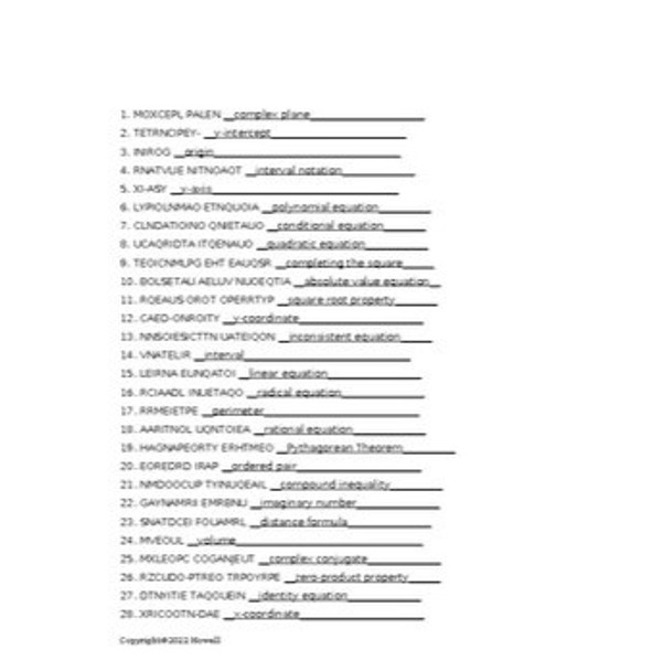 Equations and Equalities in College Algebra Vocabulary Word Scramble