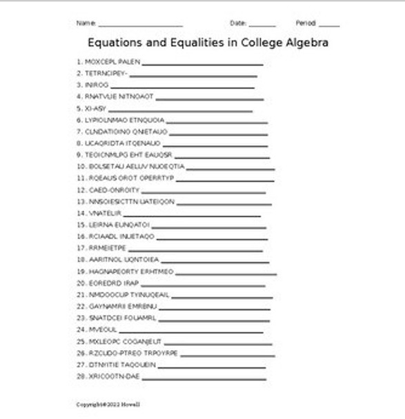 Equations and Equalities in College Algebra Vocabulary Word Scramble