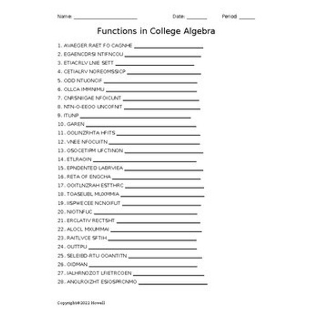 Functions in College Algebra Vocabulary Word Scramble