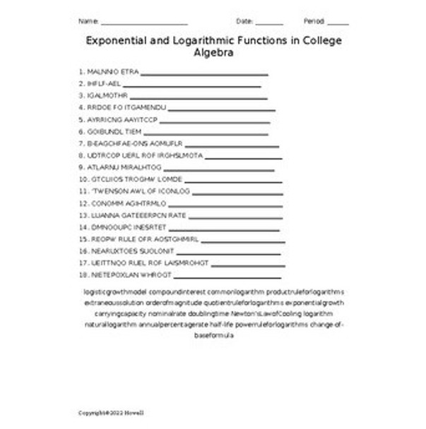 Exponential and Logarithmic Functions in College Algebra Vocab. Word Scramble