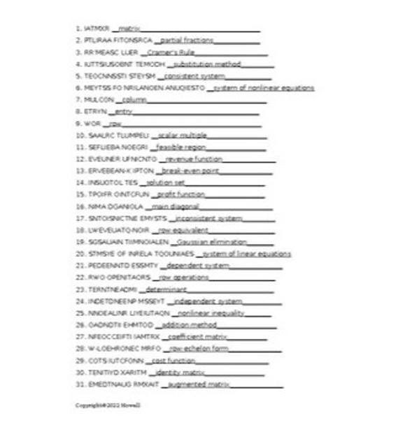 Systems of Equations and Inequalities in College Algebra Vocab. Word Scramble