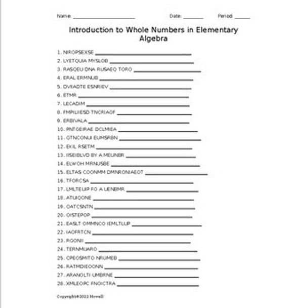 Introduction to Whole Numbers in Elementary Algebra Vocabulary Word Scramble