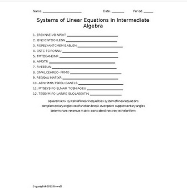 Systems of Linear Equations in Intermediate Algebra Vocabulary Word Scramble
