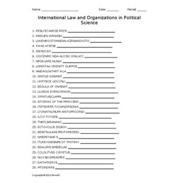 International Law and Organizations in Political Science Vocab Word Scramble