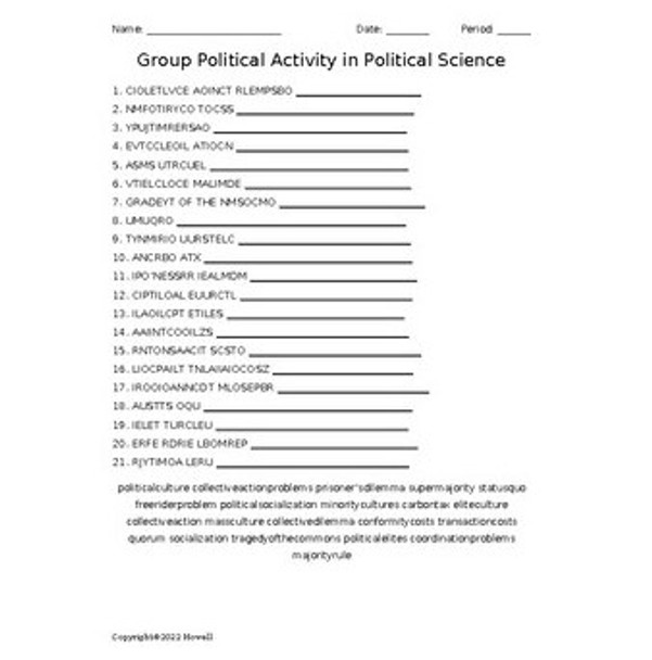 Group Political Activities in Political Science Vocabulary Word Scramble