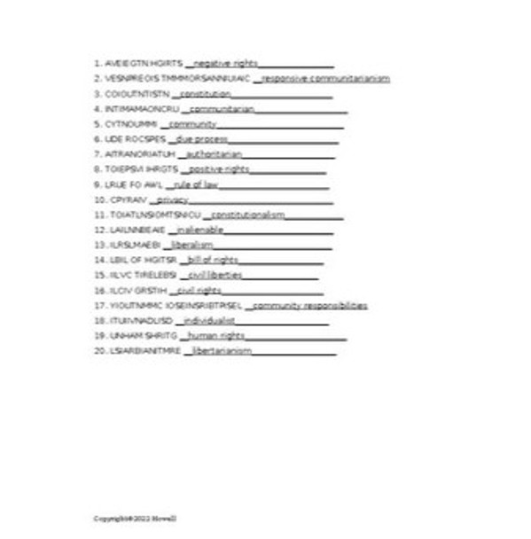 Civil Liberties in Political Science Vocabulary Word Scramble