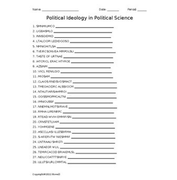 Political Ideology in Political Science Vocabulary Word Scramble