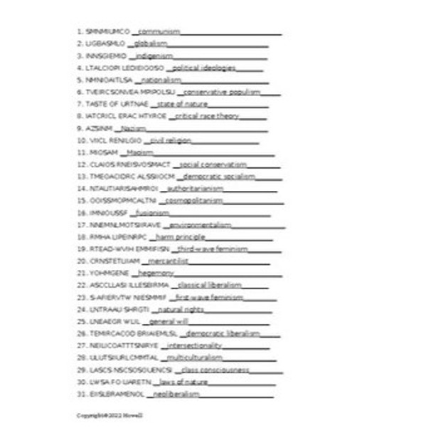 Political Ideology in Political Science Vocabulary Word Scramble