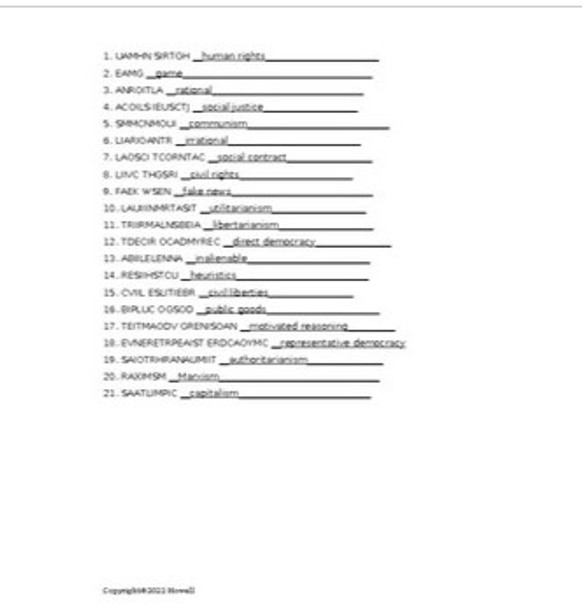 Political Behavior in Political Science Vocabulary Word Scramble