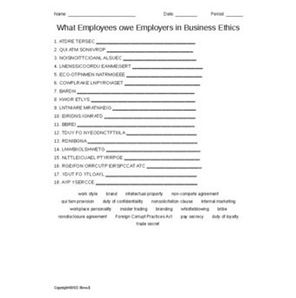 What Employees owe Employers in Business Ethics Vocabulary Word Scramble