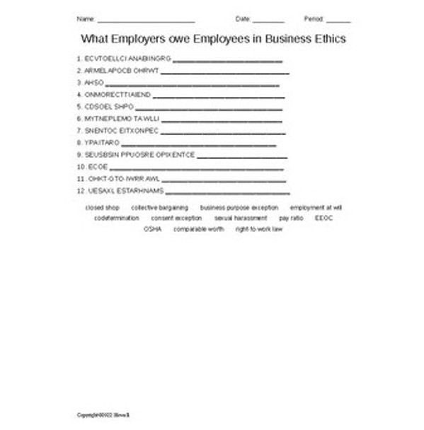 What Employers owe Employees in Business Ethics Vocabulary Word Scramble