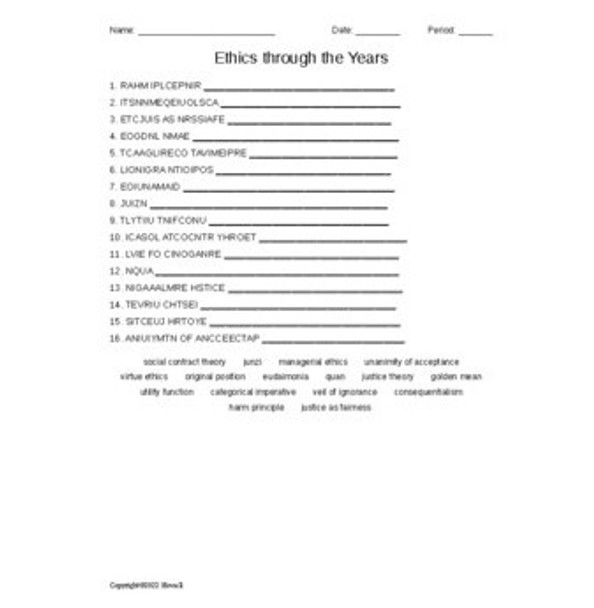 Ethics through the Years Vocabulary Word Scramble