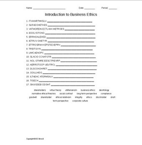 Introduction to Business Ethics Vocabulary Word Scramble
