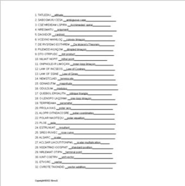 Applications of Trigonometry Vocabulary Word Scramble